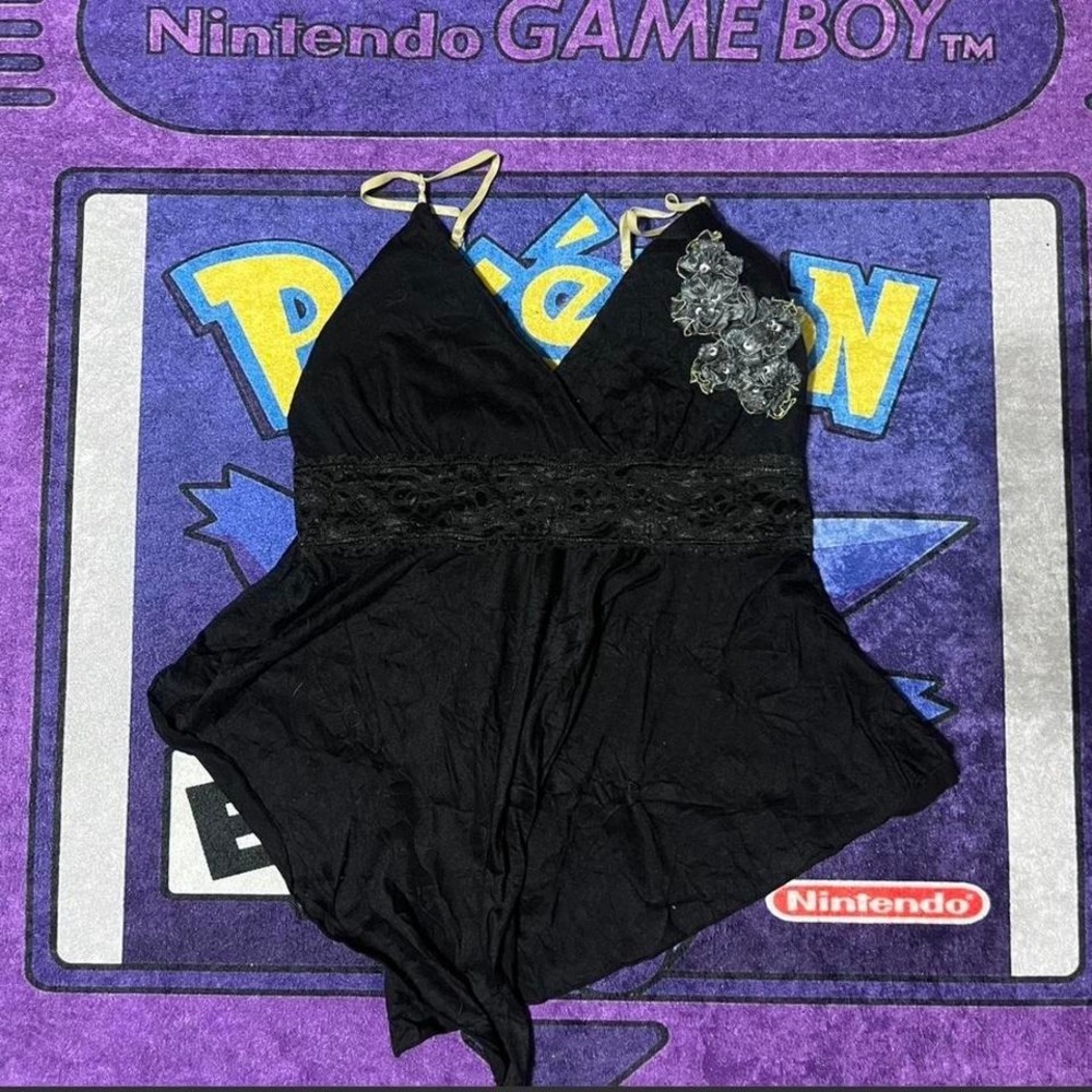 Medium y2k Black lace goth halter top with rhinestone handmade and sewn flower